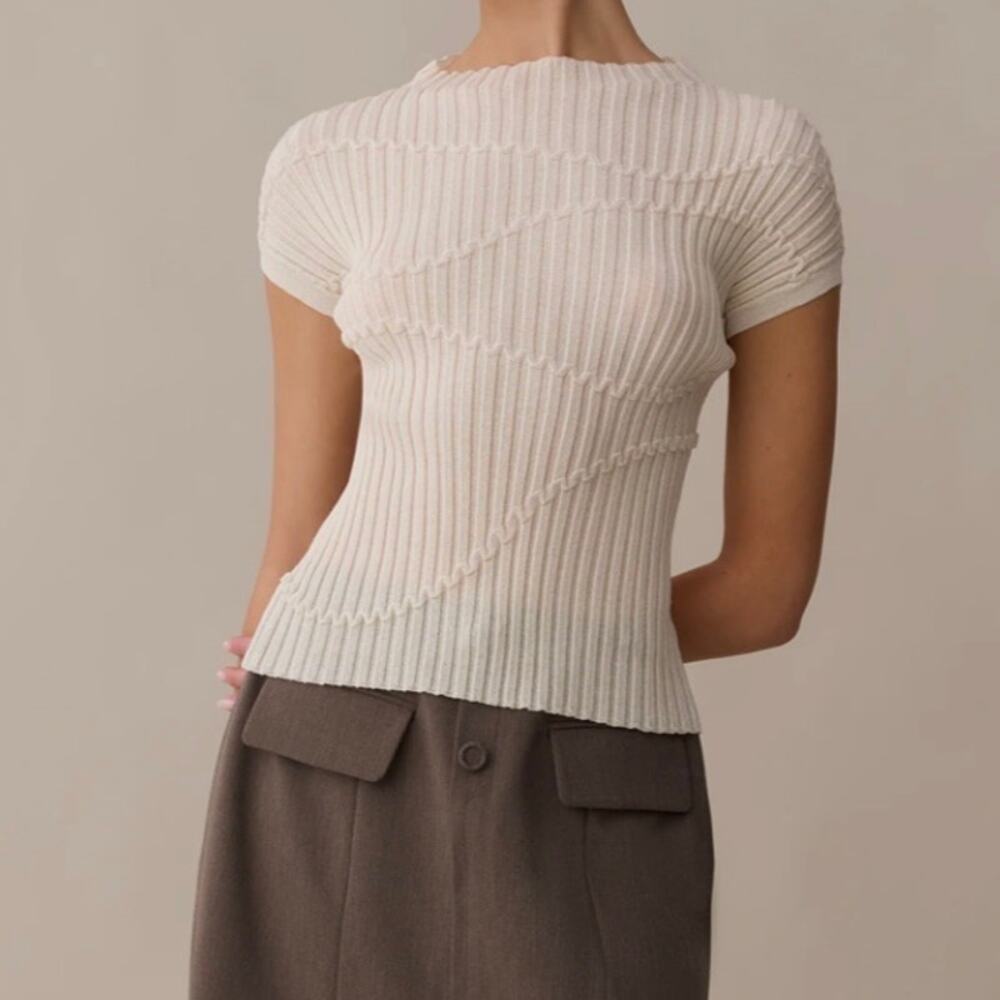 Few Moda Maura Cream Ribbed Knit Contour Short Sleeve Top Old Money Minimalist